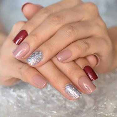 Imagem de Gel Nails Press Ons Brilhante Glitter Holo Faux Ongles Quadrado Curto Unhas Postiças Rosa Vermelho Escuro Cor