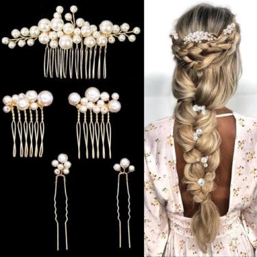 Imagem de 5 peças de pentes de cabelo de noiva de ouro para noivas, prendedores de cabelo pérolas, joias de cabelo vintage para noivas, damas de honra, flores, meninas, acessórios de cabelo (chique)