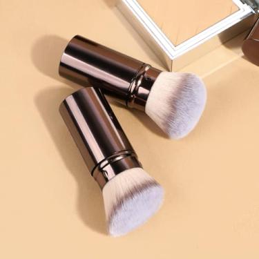 Imagem de Conjunto de pincéis de maquiagem retráteis Kabuki, 2 peças, conjunto de pincéis de blush portátil com topo plano e angular para creme líquido, cosméticos, viagens (café)