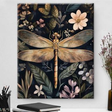 Imagem de Arte de parede emoldurada flores libélula impressão em tela pôster botânico colorido libélula imagens para casa sala de estar quarto decoração de parede 20 x 25 centímetros
