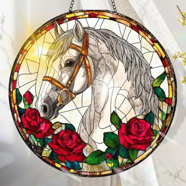Imagem de Apanhador solar de acrílico colorido, decoração de janela pendurada com cavalo com design de vitral impresso, apanhador de sol, arte de parede de arco-íris, ideia de presente e ornamento de jardim