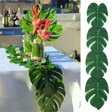 Imagem de Conjunto de 6 peças de plantas artificiais, folhas de palmeira tropical, folhas de seda verde, decoração de festa havaiana, mesa de verão, plantas falsas (P, 15 x 11,5 cm)