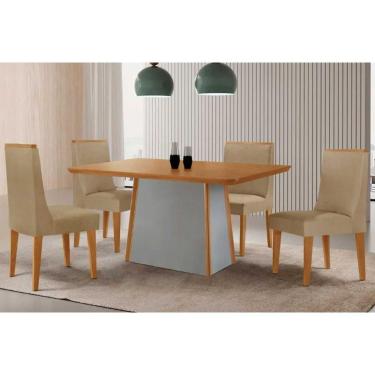 Imagem de Sala de Jantar Completa Tilia c/ Tampo Madeirado Canto Curvo 120x80cm e 4 Cadeiras Dakota Naturale/Off White - Linho Bege - Rufato
