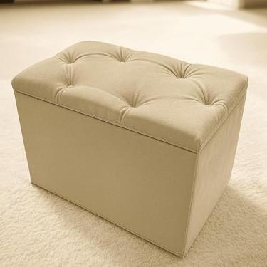 Imagem de Puff Baú Estofado em Suede com Espaço Interno – Banqueta Multifuncional p/Sala, Quarto ou Closet – Design Moderno e Confortável (BEGE SUEDE)