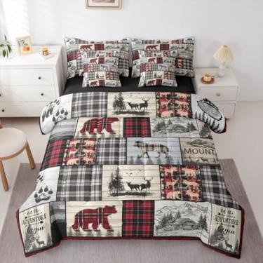 Imagem de Erosebridal Conjunto de edredom rústico solteiro, 7 peças, vermelho, preto, fazenda, búfalo, urso, lobo e veado em uma bolsa com lençol com tema de animais selvagens, decoração de chalé