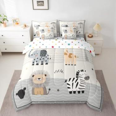 Imagem de Conjunto de cama casal de 7 peças de animais zoológicos com estampa de animais selvagens, edredom em uma bolsa com edredom, lençóis, fronhas e capa de almofada, safári africano