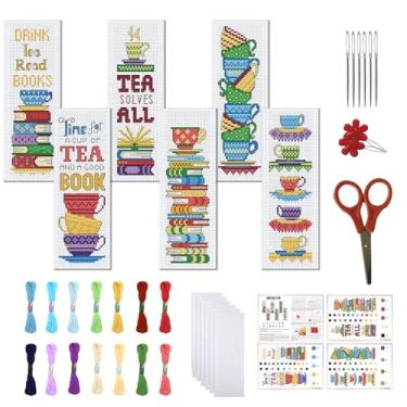 Imagem de FREEBLOSS Conjunto de 6 kits de marcadores de livro com estampa de xícara de chá, kit de ponto cruz estampado, kit de bordado de 11 CT com instruções para iniciantes 20 x 6 cm