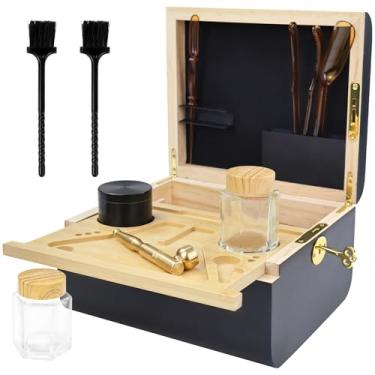 Imagem de Camkinger Caixa de armazenamento de bambu com chave – Kit de caixa decorativa de armazenamento preta com moedores, bandeja removível, frascos e pincéis requintados, caixa de fechadura de madeira