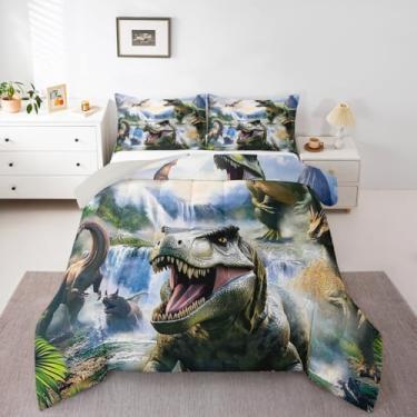 Imagem de Feelyou Conjunto de cama de dinossauro macio para meninos e meninas, conjunto de edredom de dinossauro, solteiro, animal selvagem, edredom de microfibra, 2 peças com 1 fronha