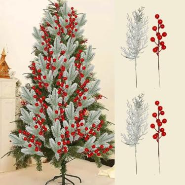 Imagem de 4 peças flocagem floco de neve ramo de pinheiro vermelho baga vermelha DIY enfeite de árvore de Natal decoração de festa de mesa (4 peças #2-33 cm)