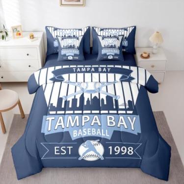 Imagem de Erosebridal Conjunto de edredom de beisebol com lençol - Jogo de cama solteiro de beisebol para meninos e meninas Tampa Bay, 7 peças, jogo de cama de jogador esportivo