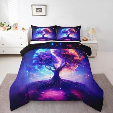 Imagem de Castle Fairy Conjunto de edredom casal com estampa de árvore, Yin Yang, para adultos, adolescentes, azul e vermelho, conjunto de colcha mágica luxuosa, 3 peças