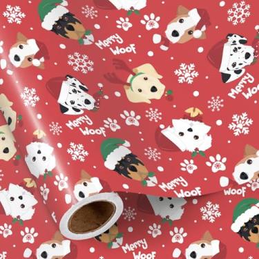 Imagem de RUSPEPA Rolo de papel de embrulho de Natal para cães, mini rolo, Merry Woof, cães com chapéus de Papai Noel, flocos de neve e cachecol de inverno, envoltório de presente divertido vermelho para