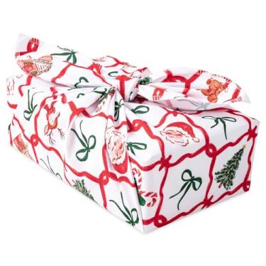 Imagem de RUSPEPA Envoltório de pano de Natal reutilizável de 66 cm, 1 envoltório de tecido com Papai Noel, urso, bengala doce, laço, design de casa de gengibre em algodão natural, embrulho reutilizável fofo