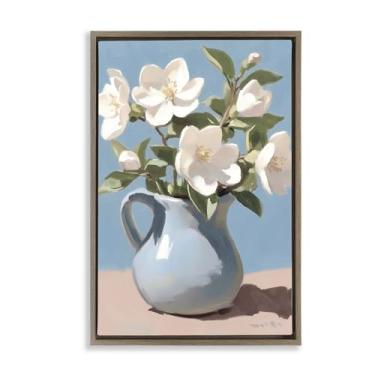 Imagem de Stupell Industries Arranjo marfim em jarro azul moldura preta tela flutuante arte de parede, design por Gina Kelly, 25 x 17