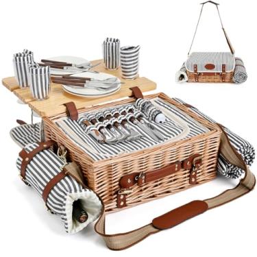 Imagem de Conjunto de cesta de piquenique multifuncional de vime para 4 com cobertor e mesa de piquenique, conjunto de piquenique isolado com utensílios de mesa completos para acampar ao ar livre, casais