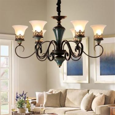 Imagem de Lustre de luxo europeu para sala de estar, estilo retrô americano, em cerâmica, para restaurante, quarto, escritório, hotel, villa, café, com luminária pendente de LED (P 6 lâmpadas)