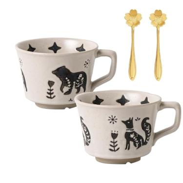 Imagem de JIGVOE Conjunto de 2 canecas de café de cerâmica, xícaras de chá de grés com colher de flor, canecas fofas para mulheres e homens, adequadas para café com leite de cacau, café expresso, lava-louças e
