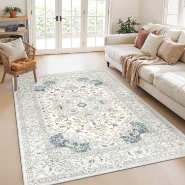 Imagem de Tapetes de área para sala de estar – 7,5 x 12,5 cm, boho antiderrapante, tapete lavável para quarto, casa de fazenda, escritório, sala de jantar (bege azul)