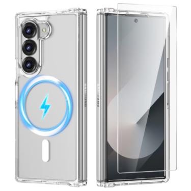 Imagem de Ruky Capa magnética para Z Fold 6, Galaxy Z Fold 6 compatível com MagSafe, capa protetora transparente fina à prova de choque com protetor de tela para Sumsung Galaxy Z Fold 6, transparente