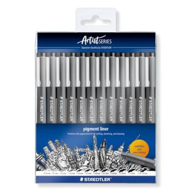 Imagem de STAEDTLER Caneta Nankin Pigment Liner 12 Unidades Preto - 308-9 TB12 - Pontas Variadas: 0.05, 0.1, 0.2, 0.3, 0.4, 0.5, 0.6, 0.7, 0.8, 1.0, 1.2 e 0.3-2.0mm - Fineliner Permanente com Tinta Pigmentada