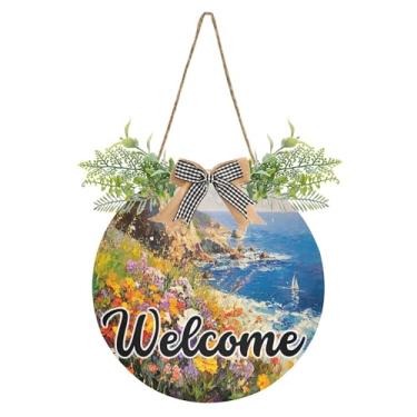 Imagem de SEHANY Placa de boas-vindas de flores e mar, decoração de porta da frente, guirlanda de boas-vindas redonda para decoração de casa de fazenda, varanda e pátio, 30 x 30 cm