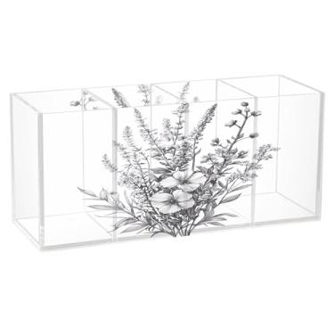 Imagem de SEHANY Porta-canetas de acrílico com flores silvestres coloridas, 4 compartimentos, porta-lápis transparente, organizador de pincéis de maquiagem, organizador de papelaria para escritório, casa