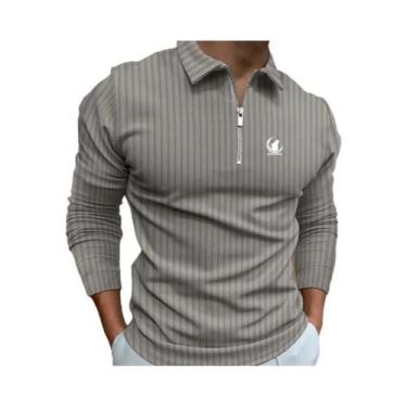 Imagem de Camisa polo com zíper manga comprida masculina, roupa listrada, nova -