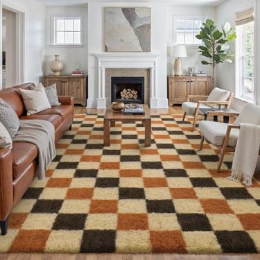 Imagem de PureCozy Tapete quadriculado 20 x 25 para sala de estar, tapete felpudo moderno colorido, lavável, antiderrapante, tapete de área grande, supermacio, tapete felpudo para quarto, casa, decoração