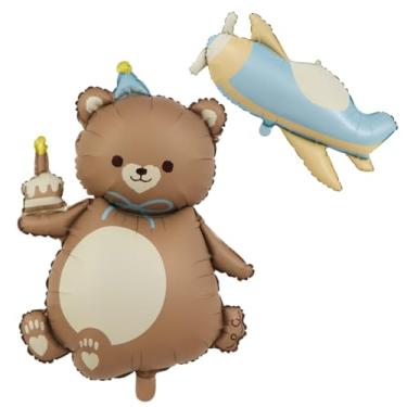 Imagem de Magic Bear & Airplane Foil Balloons Set - 35Inch Matte Brown Teddy Bear Holding Cake & Plane Mylar Balloons for Baby Shower, Birthday Party, Jungle Safari, Woodland Animal Theme Decorations (2PCS)