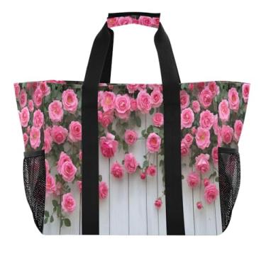 Imagem de Wassud Sacolas de compras reutilizáveis rosa florescendo grande bolsa organizadora de lona impermeável para praia, piquenique, lavanderia, viagem