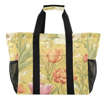 Imagem de Wassud Sacolas de compras reutilizáveis com estampa floral vintage grande bolsa organizadora de lona impermeável para praia, piquenique, lavanderia, viagem