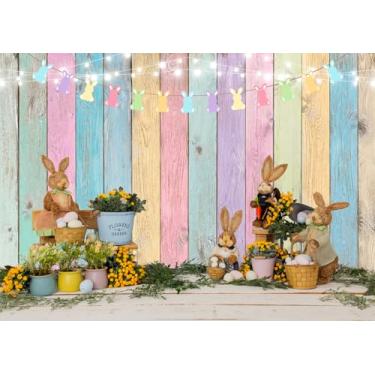 Imagem de DePhoto Pano de fundo rústico de 1,8 x 1,8 m para primavera, Páscoa, fundo de madeira, colorido, ovos de coelho, grama, floral, fotografia, Páscoa, crianças, decoração de festa