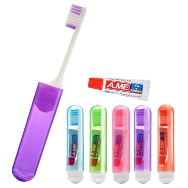 Imagem de KUGUAN Conjunto de escovas de dentes portátil dobrável com mini pasta de dentes macia para viagens, viagens de negócios, acampamento, atividades ao ar livre (5 peças)