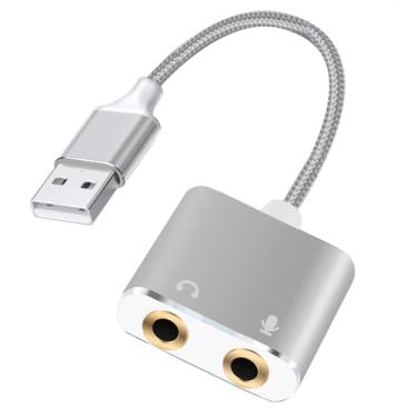 Imagem de jindaaudio Adaptador de áudio USB para 3,5 mm, placa de som externa com fone de ouvido, conector de microfone para Windows, Mac, Linux, PS4, PS5 (prateado)