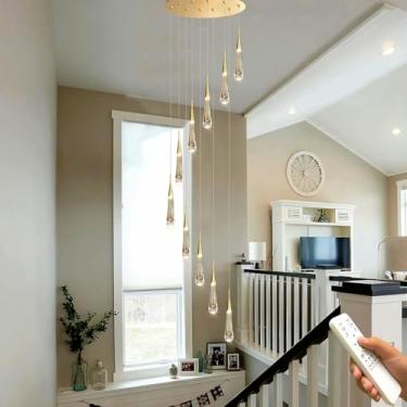 Imagem de Lustre LED em formato de gota de chuva, dimerizável, com 10 lâmpadas, 300 cm de comprimento, grande, em espiral de cristal dourado, luminária de teto pendente moderna para iluminação interna