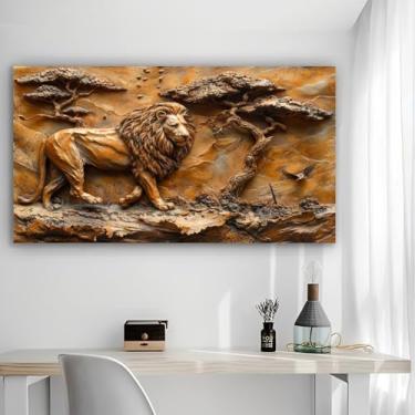 Imagem de Arte de parede em tela rústica em relevo de leão - Pôster sem moldura de 30 x 61 cm - Decoração de casa e escritório para sala de estar, quarto, cozinha e café