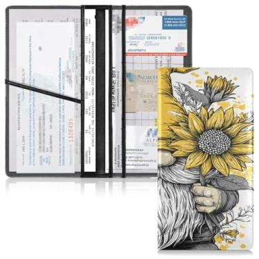 Imagem de Qilmy Gnome Girassol Suporte para registro de carro e seguro de carro PU carteira de documentos de veículo organizador porta-luvas com compartimentos de cartão de PVC transparente para cartões de