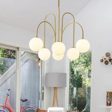 Imagem de Lustre medieval dourado com cúpula de vidro em formato de esfera, estilo Sputnik moderno, com 8 lâmpadas. Luminária decorativa criativa para restaurantes, cozinhas, ilhas, quartos, bares e h