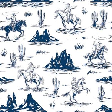 Imagem de Livelynine 17,5 x 591 papel de parede de cavalo ocidental bastão e casca vintage cowboy papel de contato autoadesivo azul escuro e branco casa de fazenda papel de parede higiênico meados do século