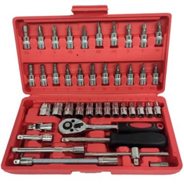 Imagem de Conjunto Chaves Catraca 46 Peças Profissional com Soquetes Hexagonais, Chaves Allen, Junta Universal, Caixa de Transporte