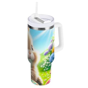 Imagem de ODAWA Grande garrafa de água isolada de ovos de coelho da Páscoa com canudo e alça, copo isolado de aço com tampa 2 em 1