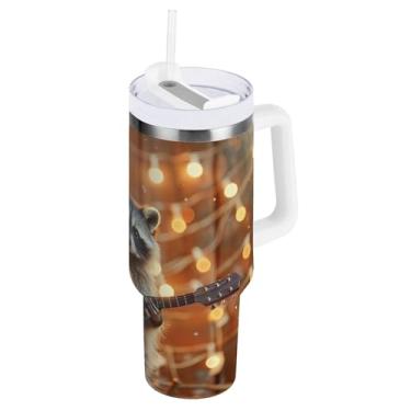 Imagem de Copo com isolamento duplo de 850 g com alça e palha, violão guaxinim marrom viagem copos isolados