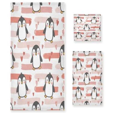Imagem de Wassud Conjunto de 3 toalhas de banho Valentines Penguins, toalhas super macias e absorventes para banheiro, toalhas de banho de secagem rápida, toalha de banho para academia, spa, hotel