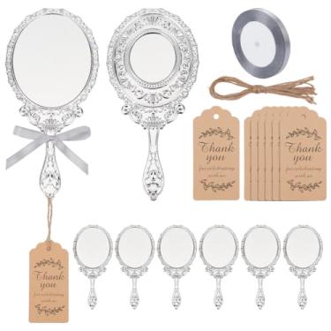 Imagem de PH PandaHall Espelho de mão vintage 8 conjuntos de espelhos de mão dupla face espelhos compactos prateados lembrancinhas de festa espelhos de princesa com fita e etiquetas de agradecimento para