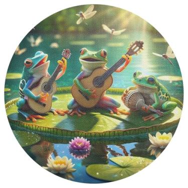Imagem de Jogo americano Frogs com círculo, guitarra, conjunto de 1 tapete de mesa circular de PVC, 38 cm, tapetes de mesa laváveis para festa de Natal