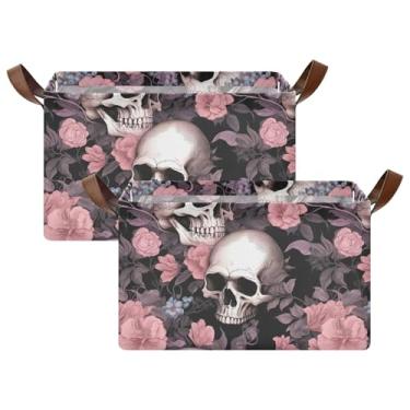 Imagem de Cestas de armazenamento decorativas dobráveis com alças, 43 x 29 x 25,4 cm, caveiras, rosas e organizador de roupas, pacote com 2