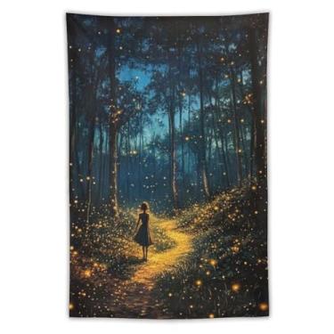 Imagem de Tapeçaria de parede Woman In Firefly Forest Path Encanting Night Nature Decor Starry Sky Art For Bedroom Living Room Magic Boho Style Hanging Decor Cozy Whimsical Accent Tapeçaria 102 x 152 cm