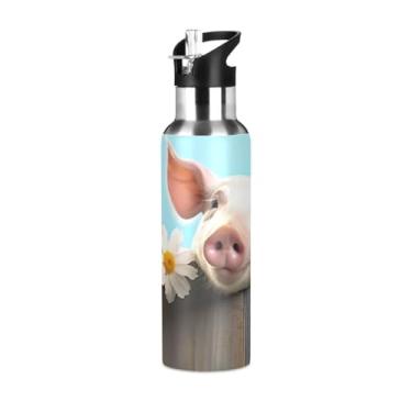 Imagem de Wassud Garrafa de água Pig on The Board Garrafa de água esportiva de aço inoxidável com canudo garrafas de água isoladas copo portátil de viagem 946 ml