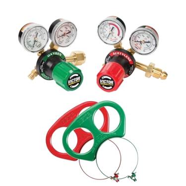 Imagem de TWSupply Victor Conjunto de regulador de oxigênio e acetileno de serviço médio com protetores de medidor de metal – G250-150-540 (0781-9400) e G250-15-510 (0781-9405) – Estágio único